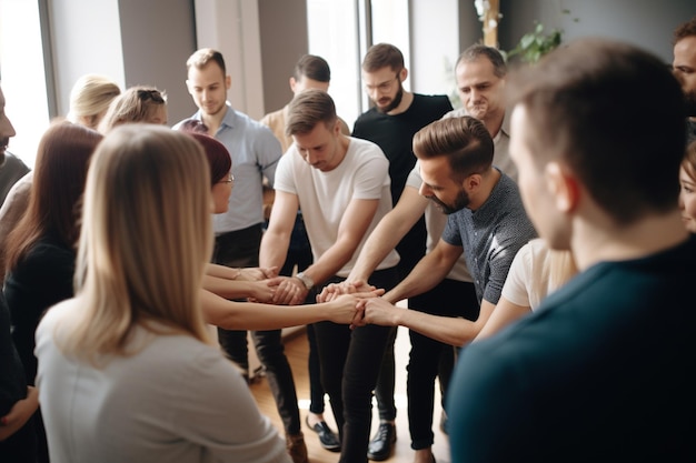 Um grupo de pessoas que participam de um exercício de formação de equipas ou de um atelié de trabalho em um ambiente profissional e dinâmico