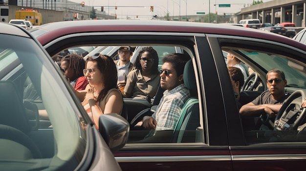 Foto um grupo de pessoas que partilham o carro para o trabalho, reduzindo as emissões de carbono