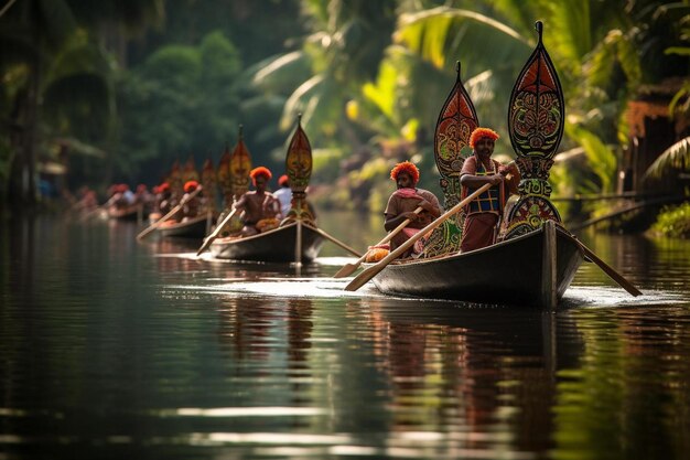 Foto um grupo de pessoas remando um barco com um dragão na frente.