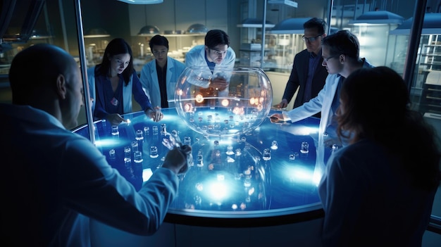 Foto um grupo de pessoas reunidas em torno de uma mesa de vidro para uma reunião ou discussão