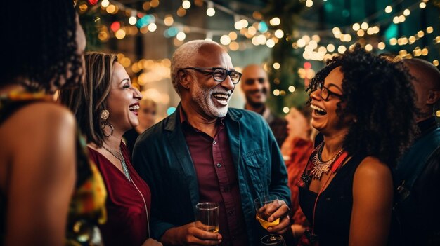 Um grupo de pessoas rindo e conversando em uma festa imagens de saúde mental ilustração fotorrealista