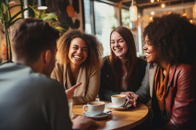 Foto um grupo de pessoas rindo e tendo uma conversa uma reunião de indivíduos envolvidos em conversação jovial e riso