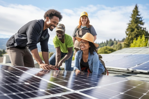 Um grupo de pessoas se reunindo para instalar painéis solares em uma propriedade residencial