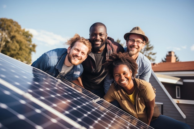 Um grupo de pessoas se reunindo para instalar painéis solares em uma propriedade residencial