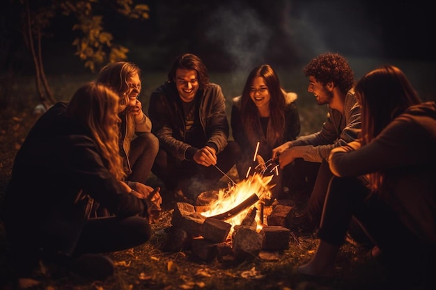 Um grupo de pessoas se senta ao redor de uma fogueira e se senta ao redor de uma fogueira.