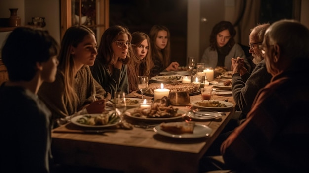 Foto um grupo de pessoas se senta ao redor de uma mesa com uma vela acesa que diz 'a última ceia'