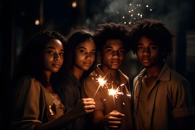 Um grupo de pessoas segurando estrelinhas na frente de um fundo escuro