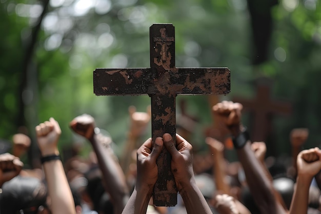 Um grupo de pessoas segurando uma cruz no ar com as mãos no ar e árvores no