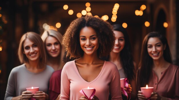 Um grupo de pessoas segurando uma fita rosa para a conscientização sobre o câncer de mama