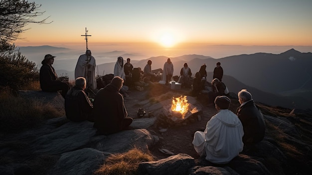 Um grupo de pessoas senta ao redor de uma fogueira ao pôr do sol.
