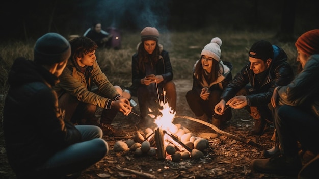 Um grupo de pessoas senta ao redor de uma fogueira, bebendo cerveja e comendo marshmallows.
