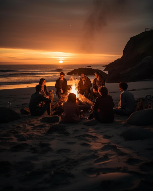 Um grupo de pessoas senta ao redor de uma fogueira em uma praia ao pôr do sol.