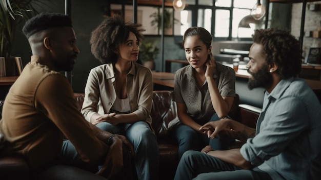 Um grupo de pessoas senta em um bar conversando e rindo.