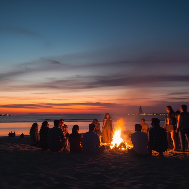 Um grupo de pessoas sentadas ao redor de uma fogueira em uma praia ao pôr do sol.