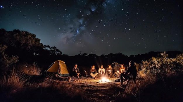 Um grupo de pessoas sentadas ao redor de uma fogueira sob um céu estrelado.