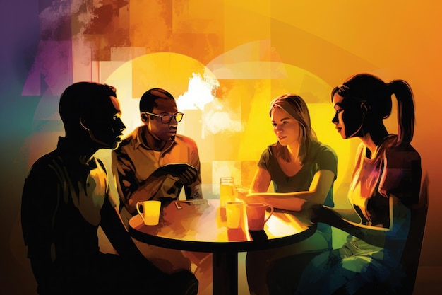Um grupo de pessoas sentadas ao redor de uma mesa brilho quente Generative AI