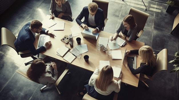 Um grupo de pessoas sentadas ao redor de uma mesa, discutindo um projeto.