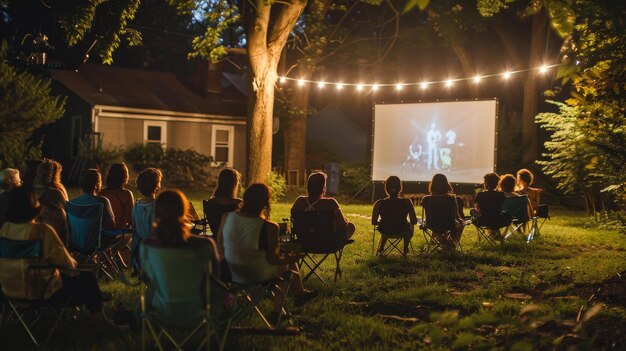 Foto um grupo de pessoas sentadas em cadeiras de relva vendo um filme