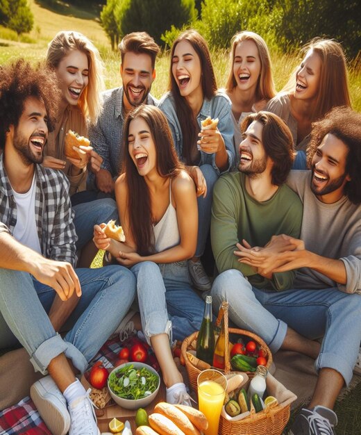 um grupo de pessoas sentadas em círculo com comida e bebidas