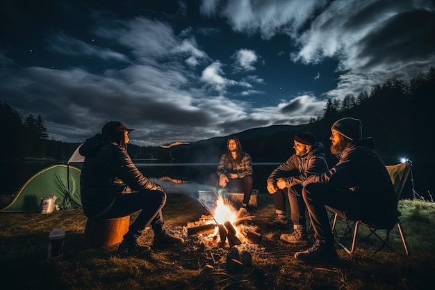 Um grupo de pessoas sentadas em torno de uma fogueira
