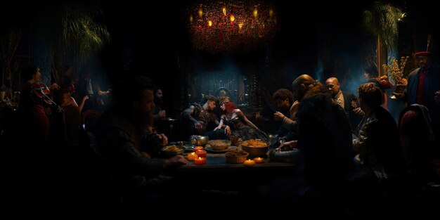 um grupo de pessoas sentadas em torno de uma mesa com comida e bebidas