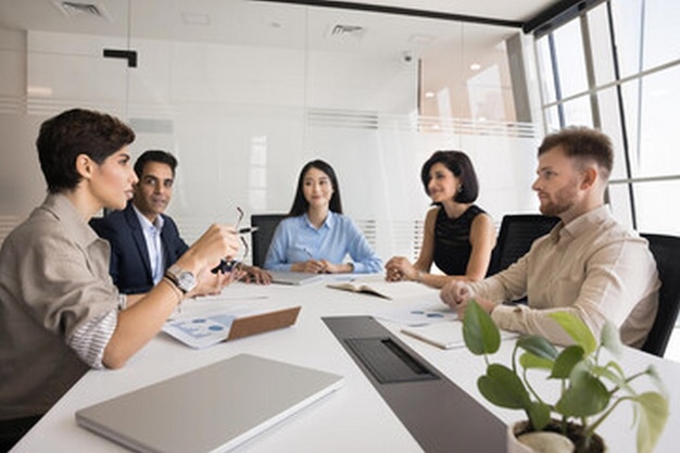 um grupo de pessoas sentadas em torno de uma mesa com um homem de fato e uma mulher no fundo com um laptop e um homem de traje