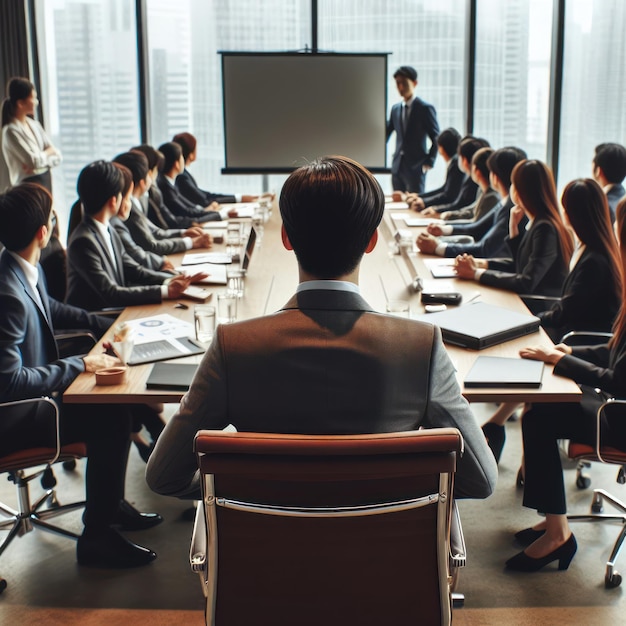 um grupo de pessoas sentadas em torno de uma mesa com uma tela atrás delas