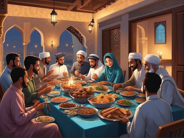 Foto um grupo de pessoas sentadas em torno de uma mesa comendo comida juntos e falando