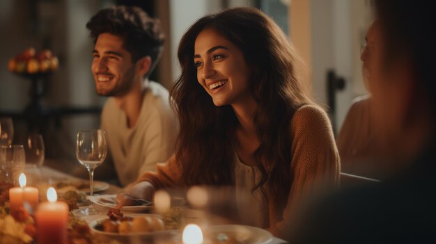 Um grupo de pessoas sentadas em torno de uma mesa de jantar