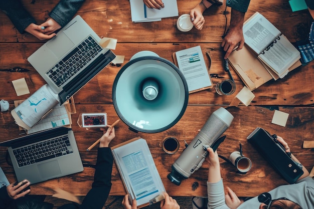 Foto um grupo de pessoas sentadas em torno de uma mesa de madeira um olhar criativo para o marketing de afiliados e colaborações de influenciadores ai gerado