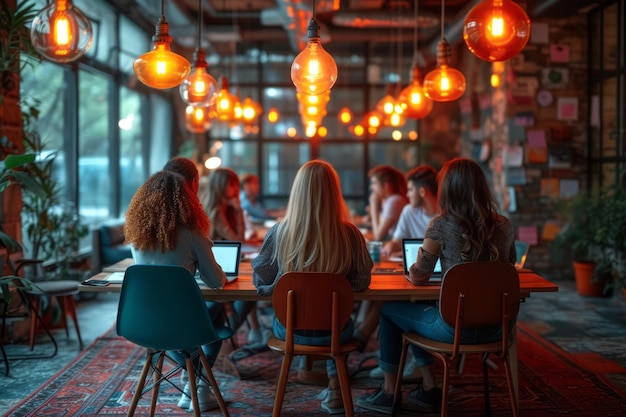 Um grupo de pessoas sentadas em torno de uma mesa em um café trabalhando em seus laptops