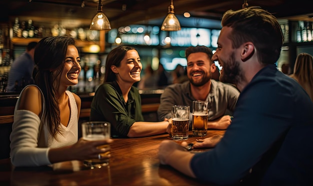 Um grupo de pessoas sentadas em um bar bebendo cerveja