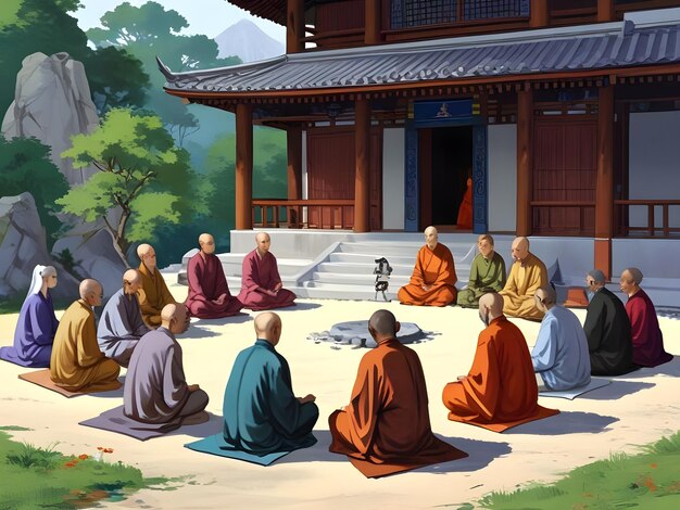Foto um grupo de pessoas sentadas em um templo com a palavra buda na frente
