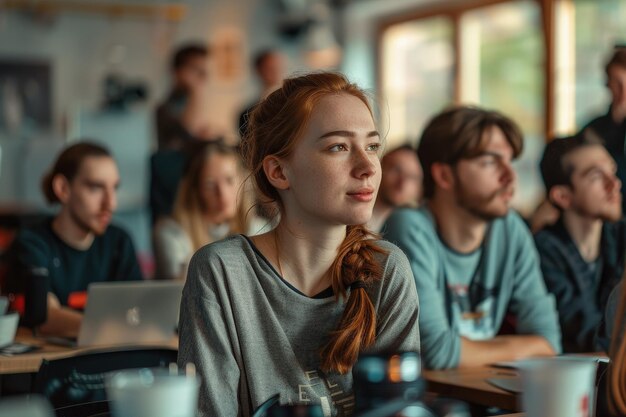 Um grupo de pessoas sentadas em uma mesa com laptops