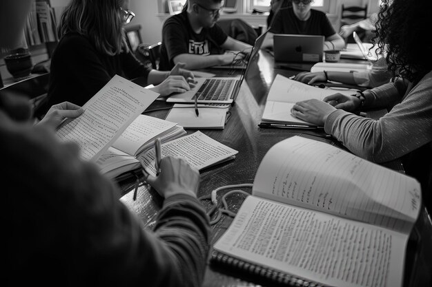 Um grupo de pessoas sentadas em uma mesa trabalhando em laptops