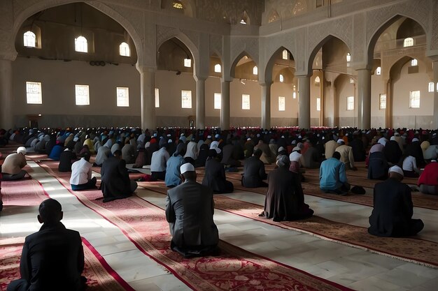 um grupo de pessoas sentadas em uma mesquita com as cabeças para baixo