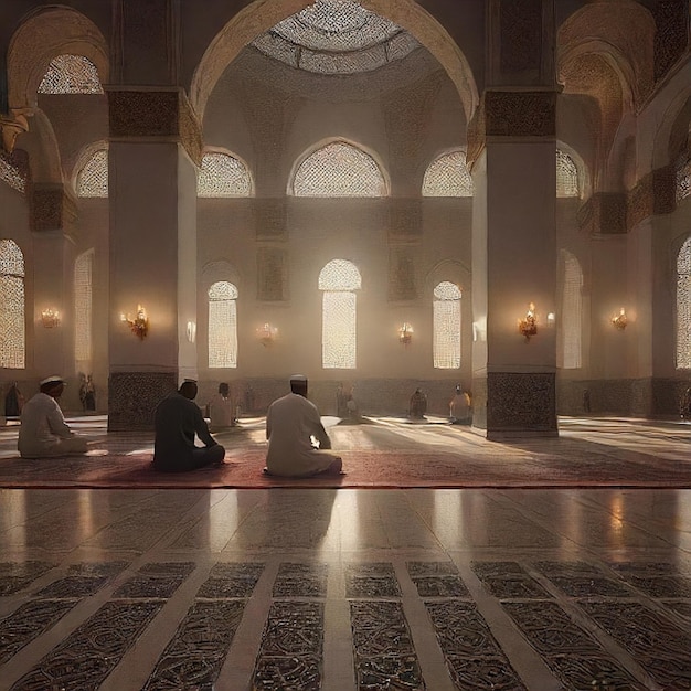 um grupo de pessoas sentadas em uma mesquita com as palavras oração no topo