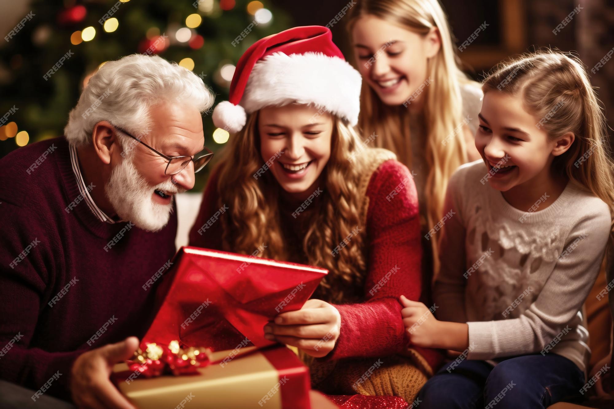 Um grupo de pessoas sentadas em volta de um presente de natal