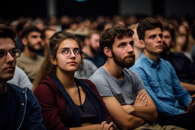 Um grupo de pessoas sentadas na frente de uma multidão