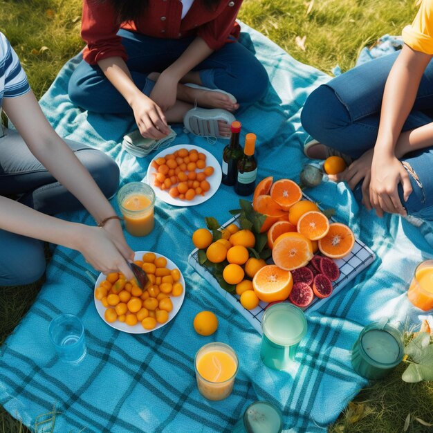 Um grupo de pessoas sentadas sobre uma manta com laranjas e sucos.