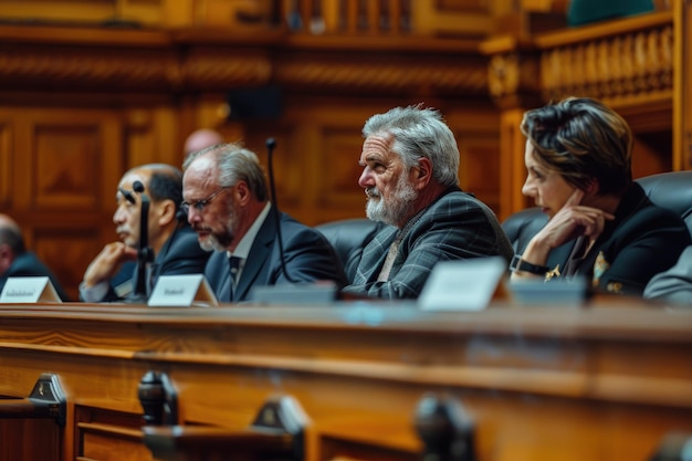 Um grupo de pessoas sentadas umas ao lado das outras numa sala de julgamento