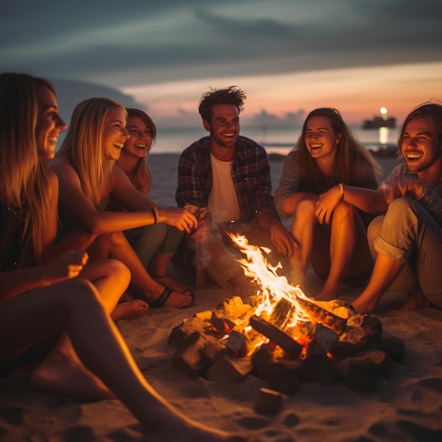 um grupo de pessoas sentado em torno de uma fogueira e desfrutando de uma noite quente.