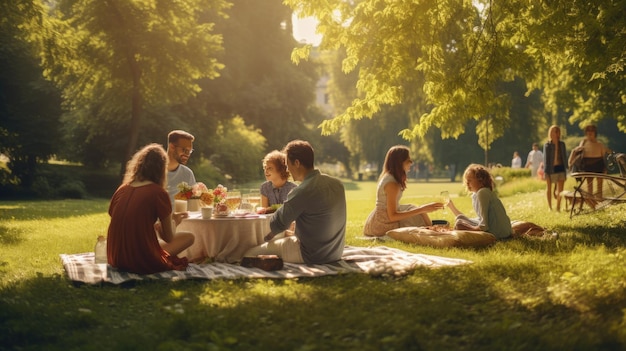 um grupo de pessoas sentado em um cobertor de piquenique em um parque.