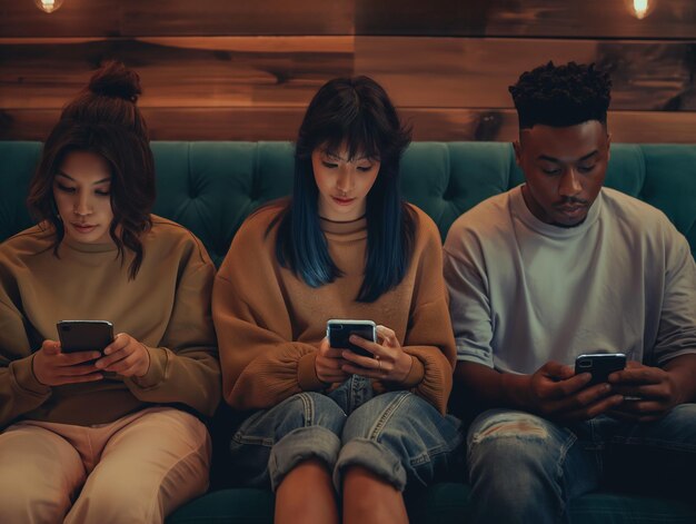 Foto um grupo de pessoas sentado em um sofá e olhando para seus telefones