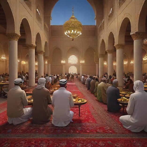 um grupo de pessoas sentado em uma mesquita com uma mesa cheia de comida