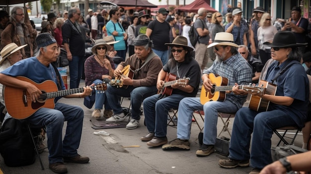 Um grupo de pessoas tocando violão e cantando na frente de uma multidão