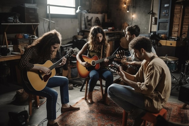 Um grupo de pessoas tocando violão em uma sala com um guitarrista.