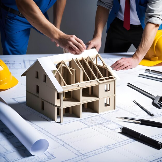 Foto um grupo de pessoas trabalhando com uma casa modelo em uma mesa