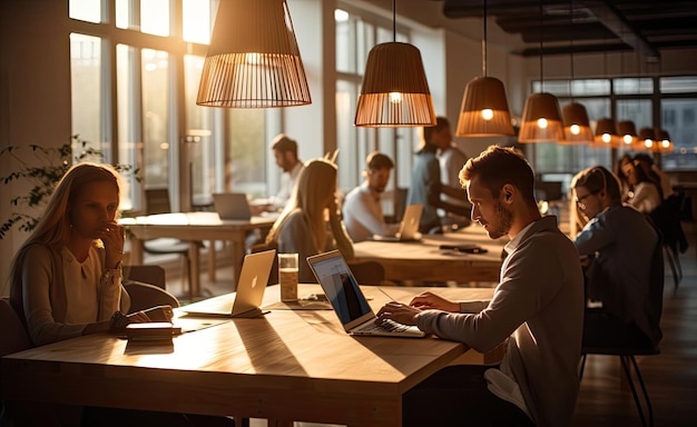 Um grupo de pessoas trabalhando em laptops em uma mesa