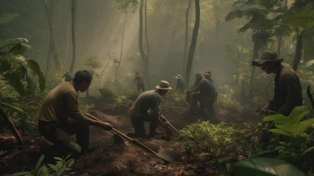 Um grupo de pessoas trabalhando em uma floresta com árvores e o sol brilhando por entre as árvores.